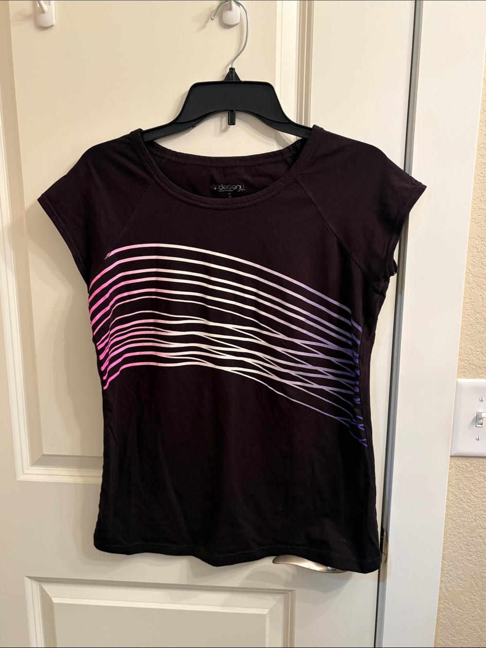 Women’s Ideology Black Tee with Pink-Purple Gradient Stripes
